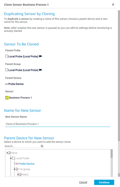 Clone Dialog for a Sensor