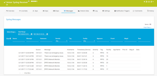 Received Syslogs on the Messages Tab Received Syslogs on the Messages Tab